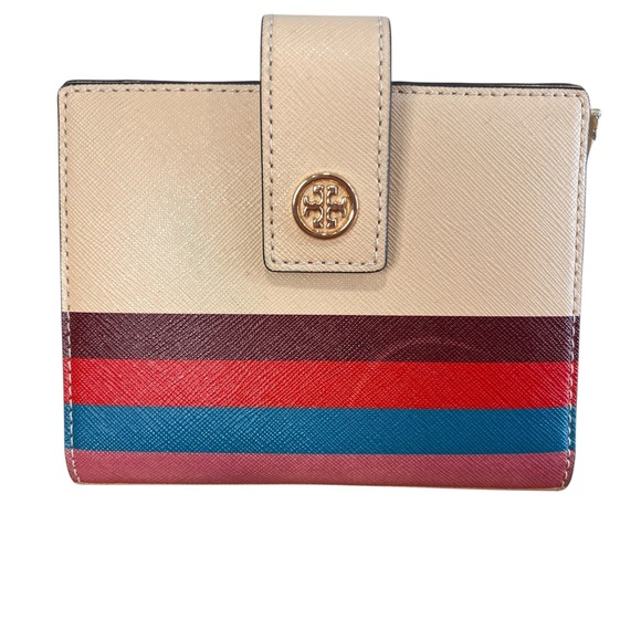 Tory Burch Robinson Multi-Stripe Small Bifold Wallet Beige Leather - Picture 1 of 10